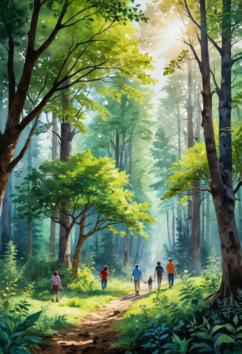 A lush forest scene showcasing diverse tree species thriving together, interspersed with sunlight filtering through the canopy. In the foreground, a group of diverse individuals, including children and adults, are planting young saplings, symbolizing community efforts in sustainable forestry. Incorporate wildlife such as birds and small animals to represent biodiversity and harmony. The atmosphere is vibrant and hopeful, emphasizing a healthy ecosystem. watercolor style. vibrant colors. natural lighting.