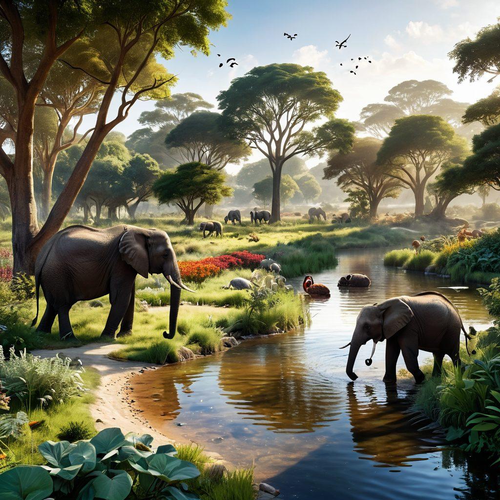 A lush, vibrant landscape featuring a diverse ecosystem, showcasing endangered animals like elephants, tigers, and birds coexisting harmoniously with humans practicing sustainable farming. In the background, a serene river winds through the scene, symbolizing the balance of nature. Soft sunlight filters through the trees, creating a warm glow. super-realistic. vibrant colors. 3D.