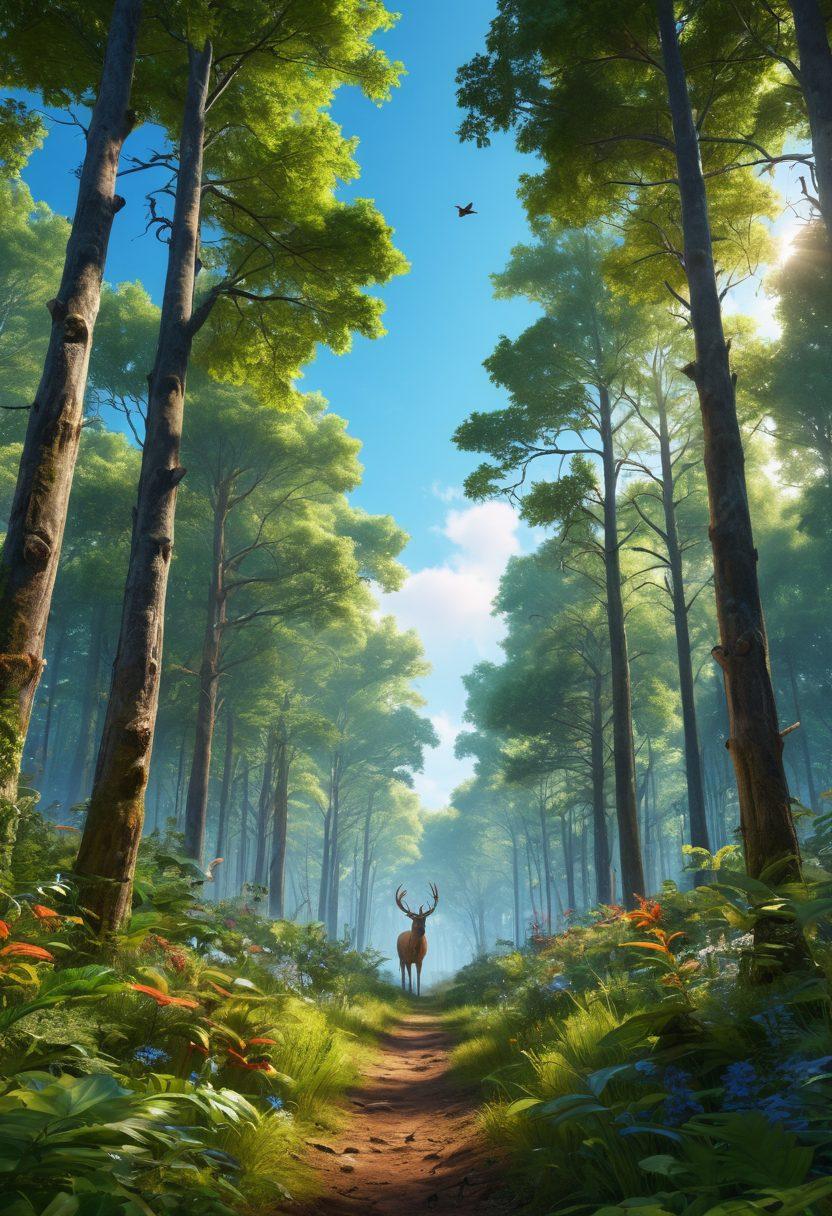 A lush forest scene with diverse wildlife, showcasing a blend of trees, birds, and deer coexisting harmoniously. Include a human figure engaged in sustainable forestry practices, such as planting trees or studying wildlife, surrounded by vibrant greenery and a clear blue sky. Emphasize the balance between nature and conservation efforts. super-realistic. vibrant colors. 3D.